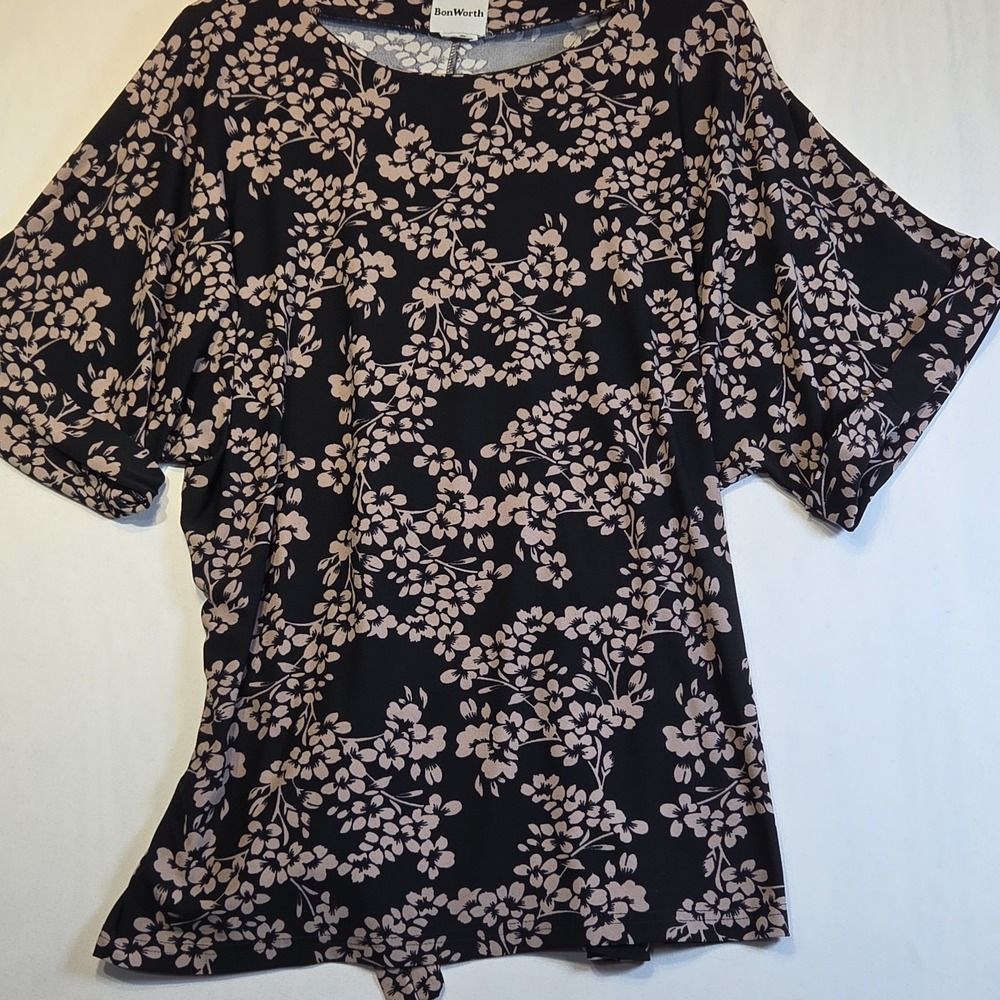 BonWorth Floral Blouse Black Brown Floral Tie Back 3/4 Sleeve Top Tag Removed